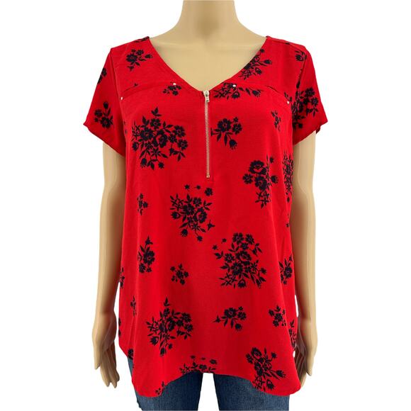 Tempted Tops - Tempted MEDIUM Red Floral Zipper V Neck Short Sleeve High Low Hem Blouse Top